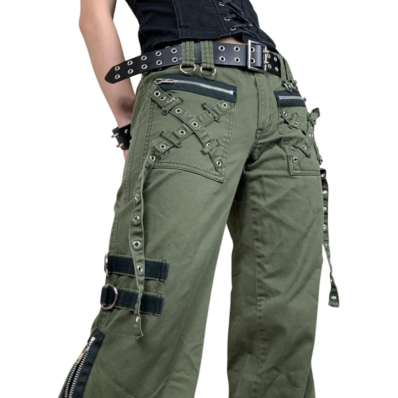 Ynocfri Women Harajuku Goth Pants Wide Leg Low Rise Baggy Pants Grunge Gothic Cargo Pants with Chain Streetwear(L-Army Green, S)