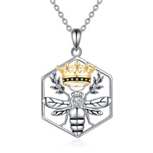 YAFEINI Bee Necklace Queen Bee Pendant Honeycomb 925 Sterling Silver Crown Jewelry Gifts for Women (Queen Bee Necklace)