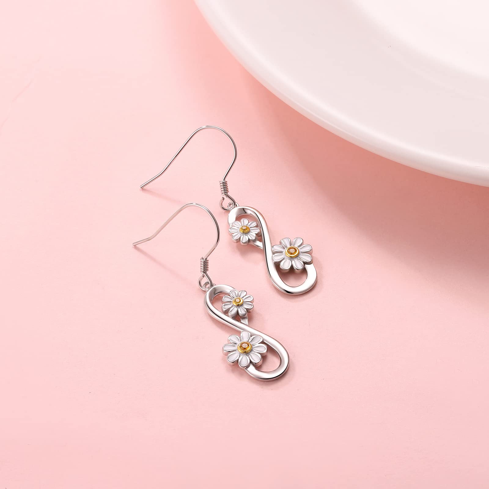 Silver Infinity Daisy Drop Earrings - S925 Sterling Silver Delicate Infinity Sign Daisy Jewelry Dangle Earrings for Women, Christmas Gifts Infinity Symbol White Daisy Flowers Drop Earring for Girls