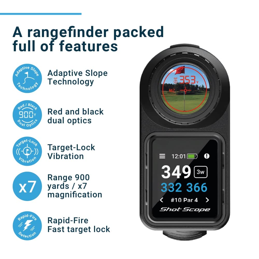 Shot Scope PRO LX+ Laser Rangefinder with Shot Tracking (Blue) - F/M/B Green and Hazard Distances - 100+ Statistics Including Strokes Gained - Adaptive Slope Technology - Red and Black Dual Optics