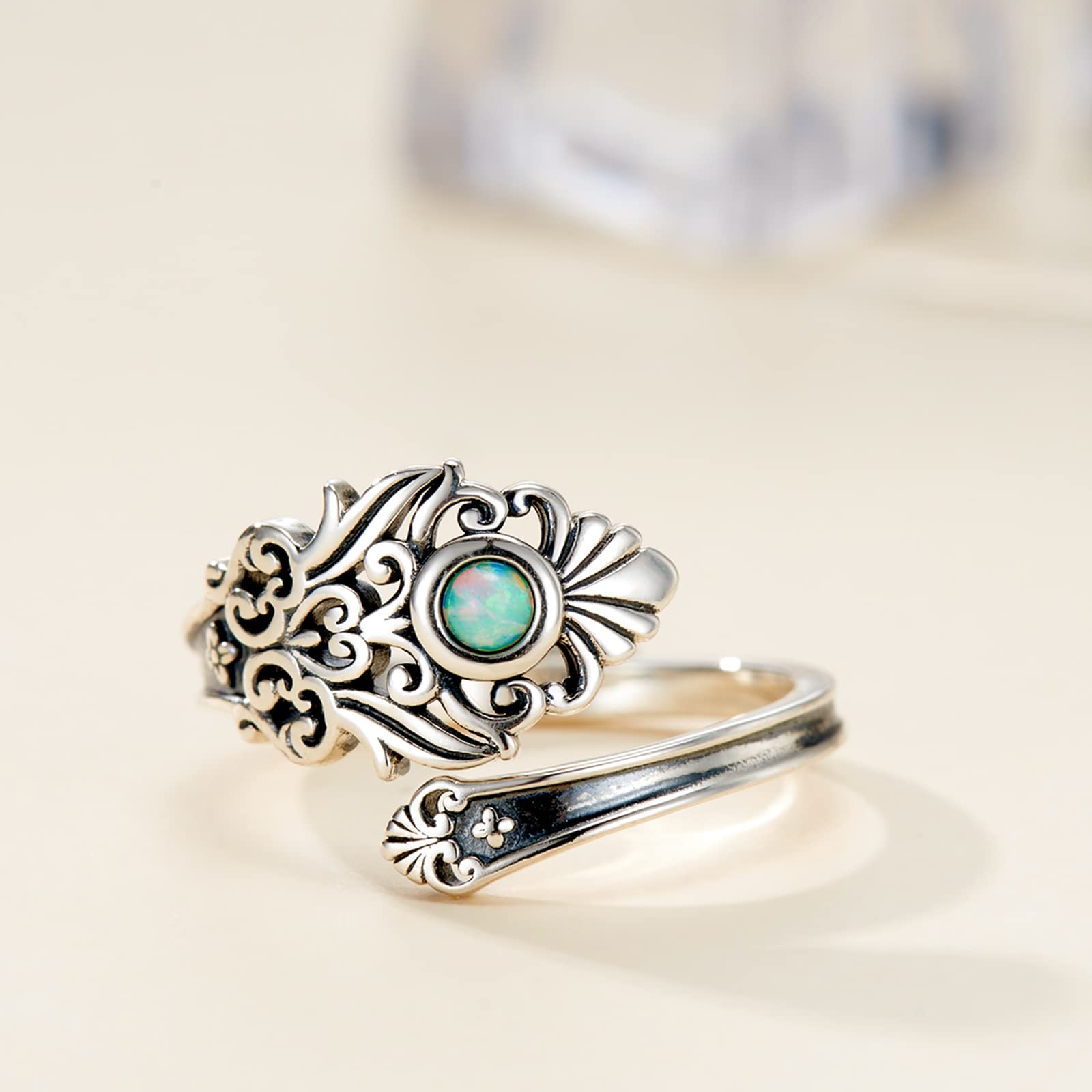 APOTIE Sterling Silver Opal Spoon Ring - Victorian Vintage Flower Thumb for Women (White Opal)