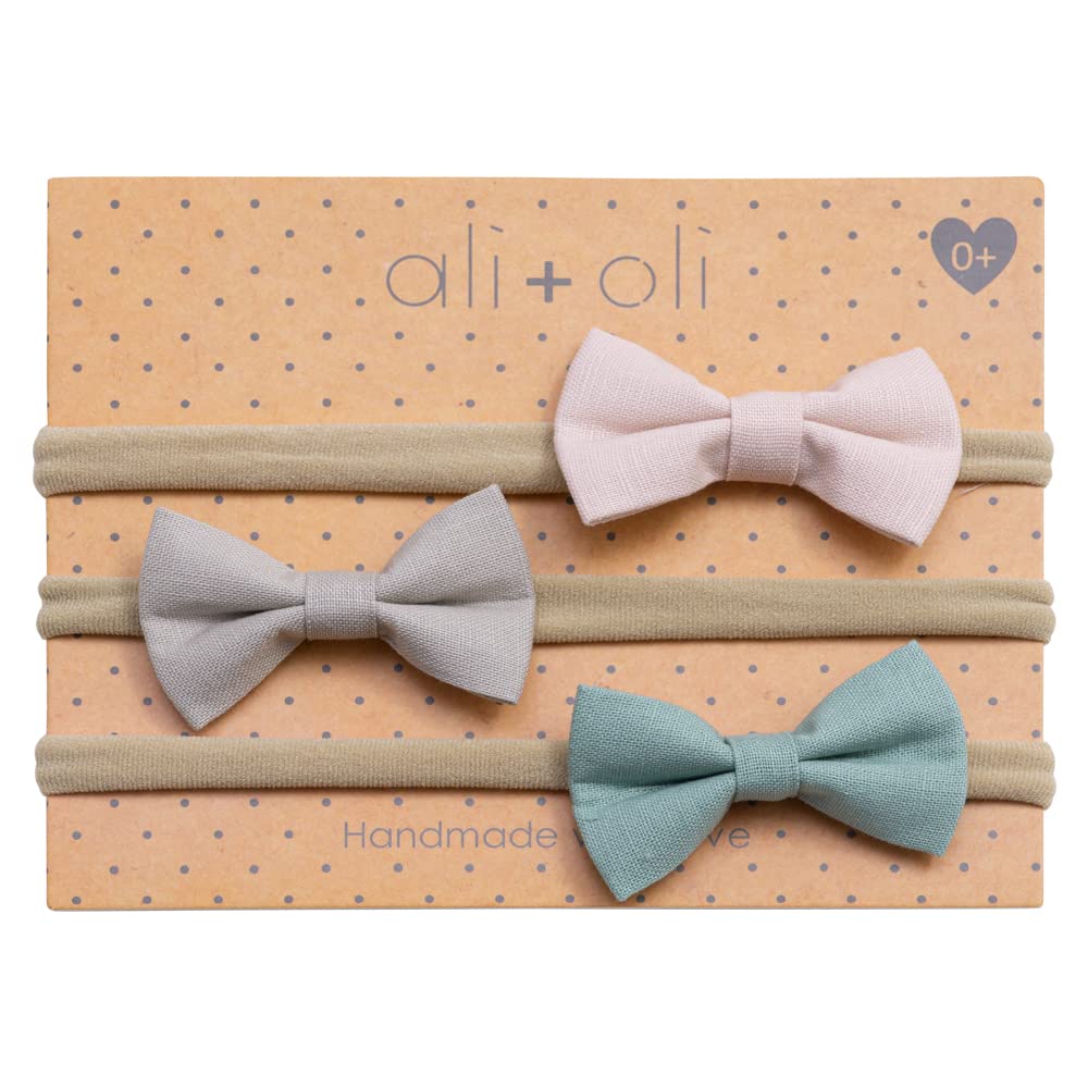 Ali+Oli Ultra-Soft Headband Bow Set Baby Girls- Handmade Baby Girl Headbands with Bows- Stretchy Nylon Hairbands for Newborn, Infant or Toddler- Baby Bow Headbands- Baby Accessories- Set of 3, Morning