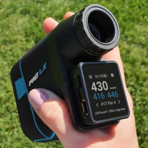 Shot Scope PRO LX+ Laser Rangefinder with Shot Tracking (Blue) - F/M/B Green and Hazard Distances - 100+ Statistics Including Strokes Gained - Adaptive Slope Technology - Red and Black Dual Optics