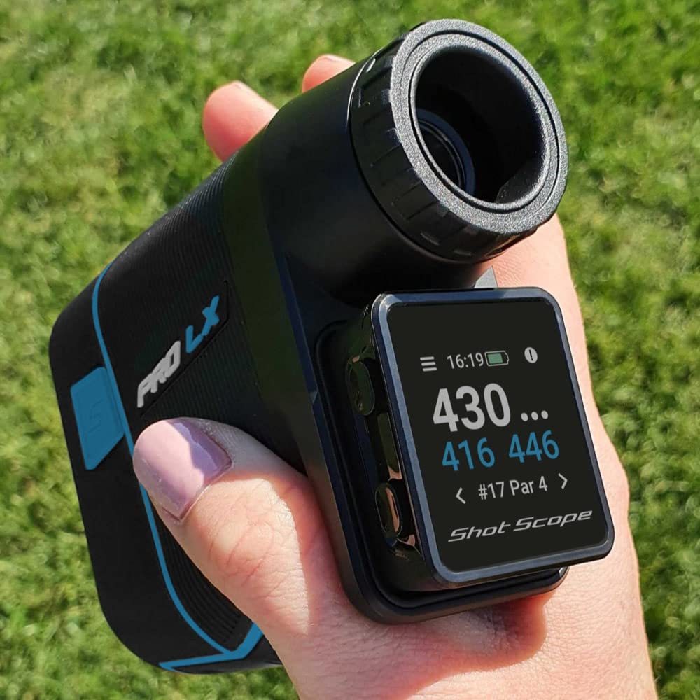 Shot Scope PRO LX+ Laser Rangefinder with Shot Tracking (Blue) - F/M/B Green and Hazard Distances - 100+ Statistics Including Strokes Gained - Adaptive Slope Technology - Red and Black Dual Optics