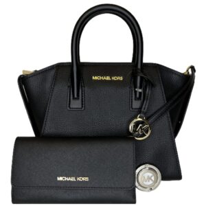 Michael Kors MICHAEL Michael Kors Avril Small Logo Top-Zip Satchel bundled with Trifold Wallet Purse Hook (Black)