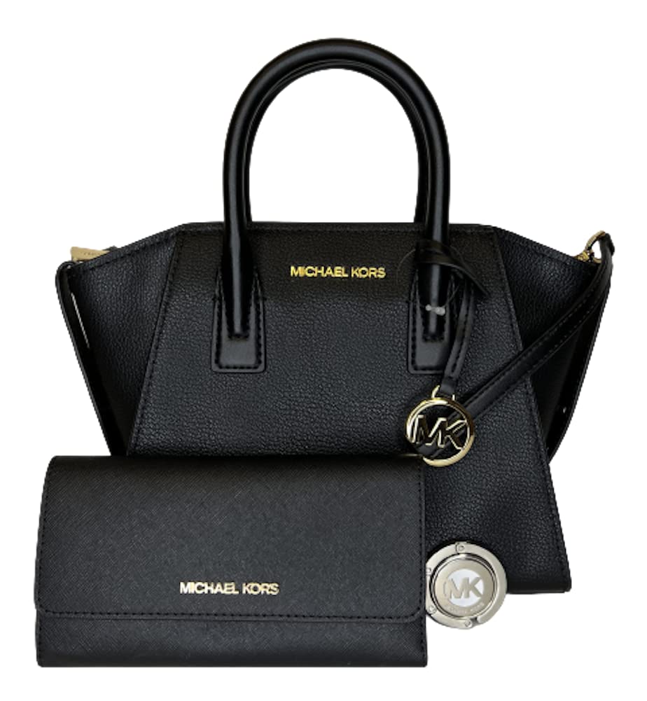 Michael Kors MICHAEL Michael Kors Avril Small Logo Top-Zip Satchel bundled with Trifold Wallet Purse Hook (Black)