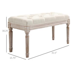 HOMCOM 32" Vintage Ottoman, Tufted Foot Stool with Upholstered Seat, Rustic Wood Legs for Bedroom, Living Room, Beige