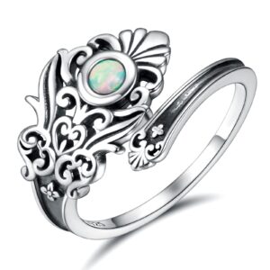 apotie sterling silver opal spoon ring - victorian vintage flower thumb for women (white opal)