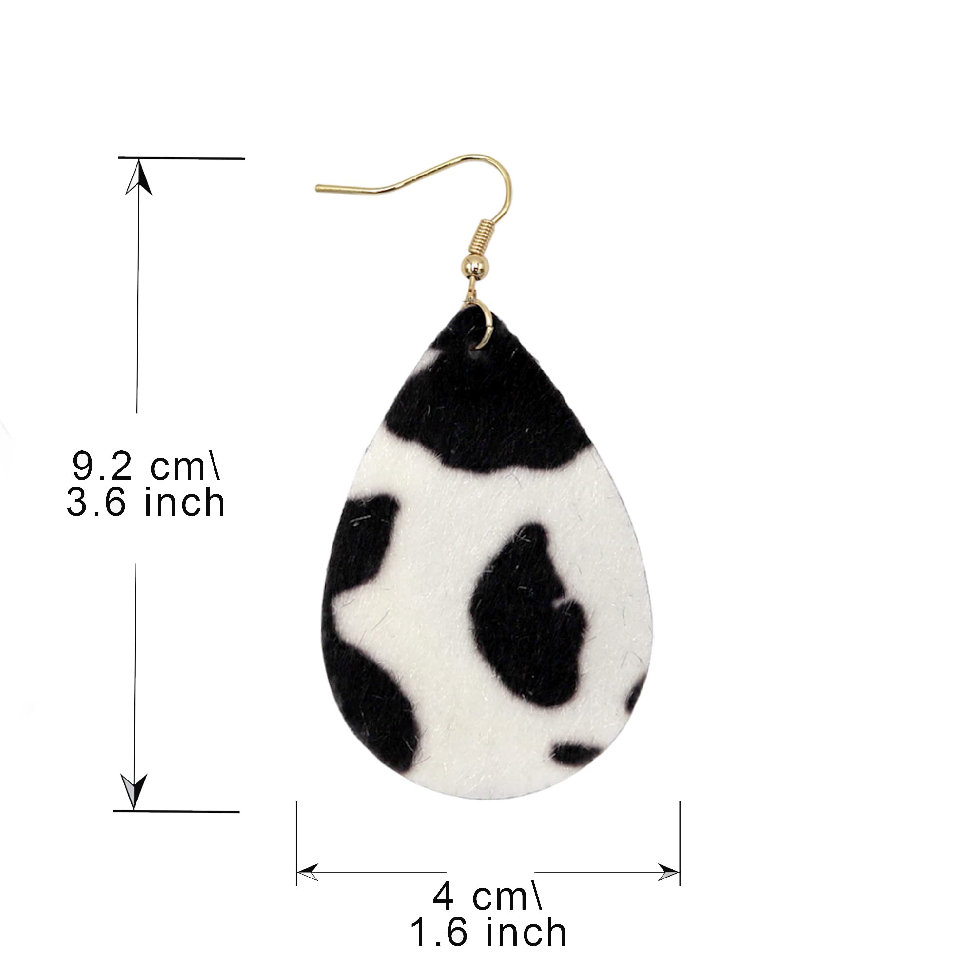 Kathaya Cowhide Both Side Printed Teardrop Hook Earrings Handmade Lightweight Floral Cow Print Earring for Women Girls Dangle Drop Leather Western Earring Set White Black/Brown (White Black)