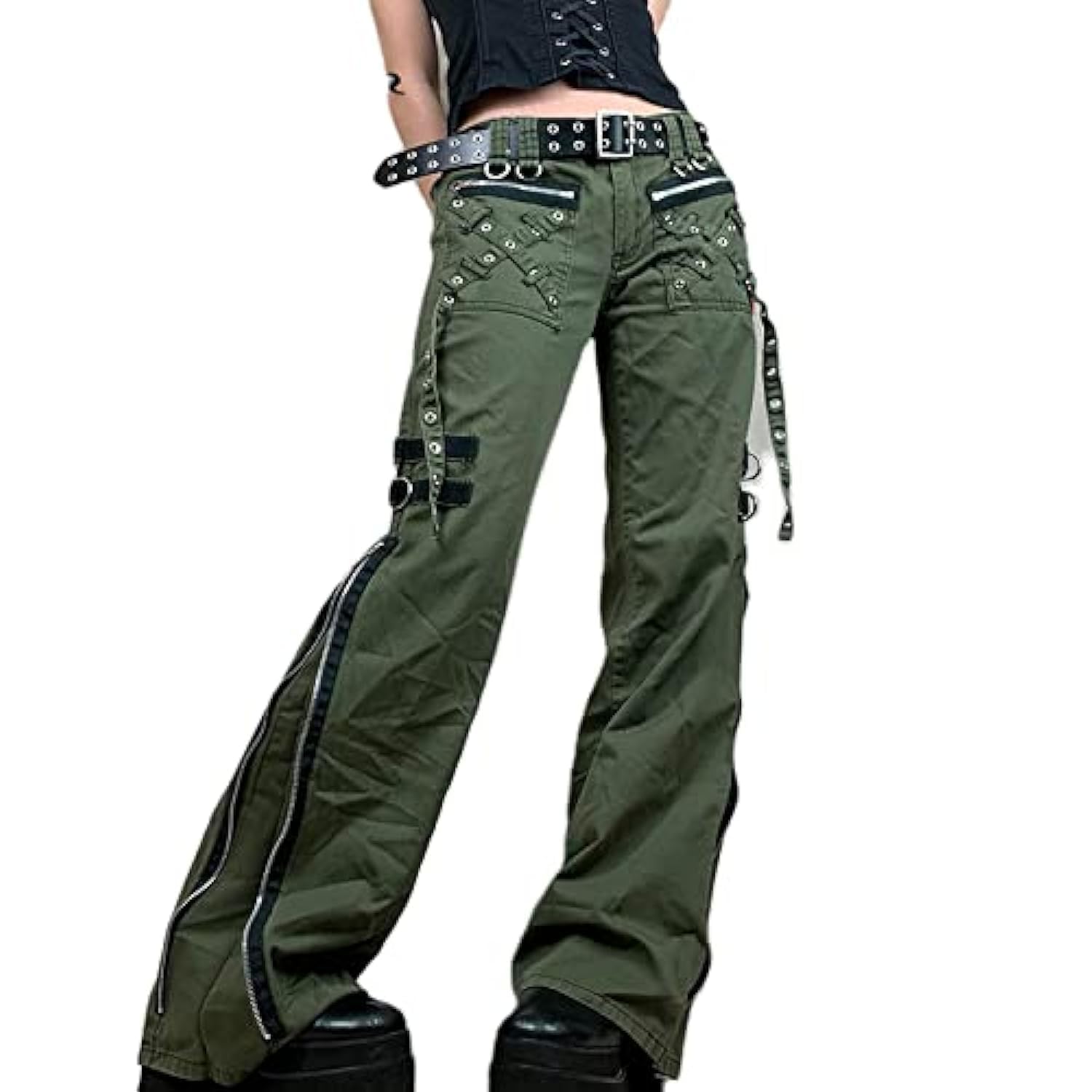 Ynocfri Women Harajuku Goth Pants Wide Leg Low Rise Baggy Pants Grunge Gothic Cargo Pants with Chain Streetwear(L-Army Green, S)