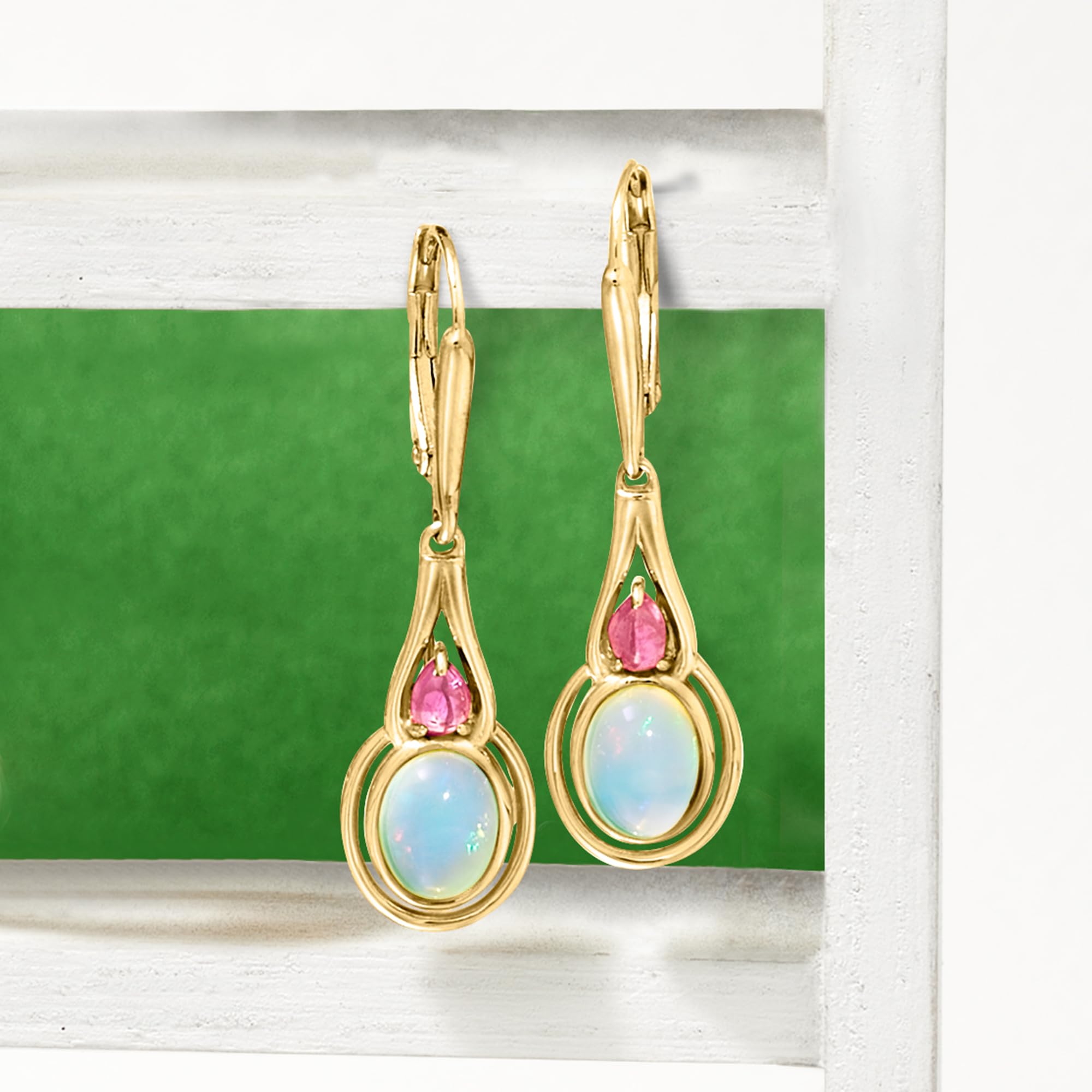 Ross-Simons Ethiopian Opal and .30 ct. t.w. Pink Tourmaline Drop Earrings in 18kt Gold Over Sterling