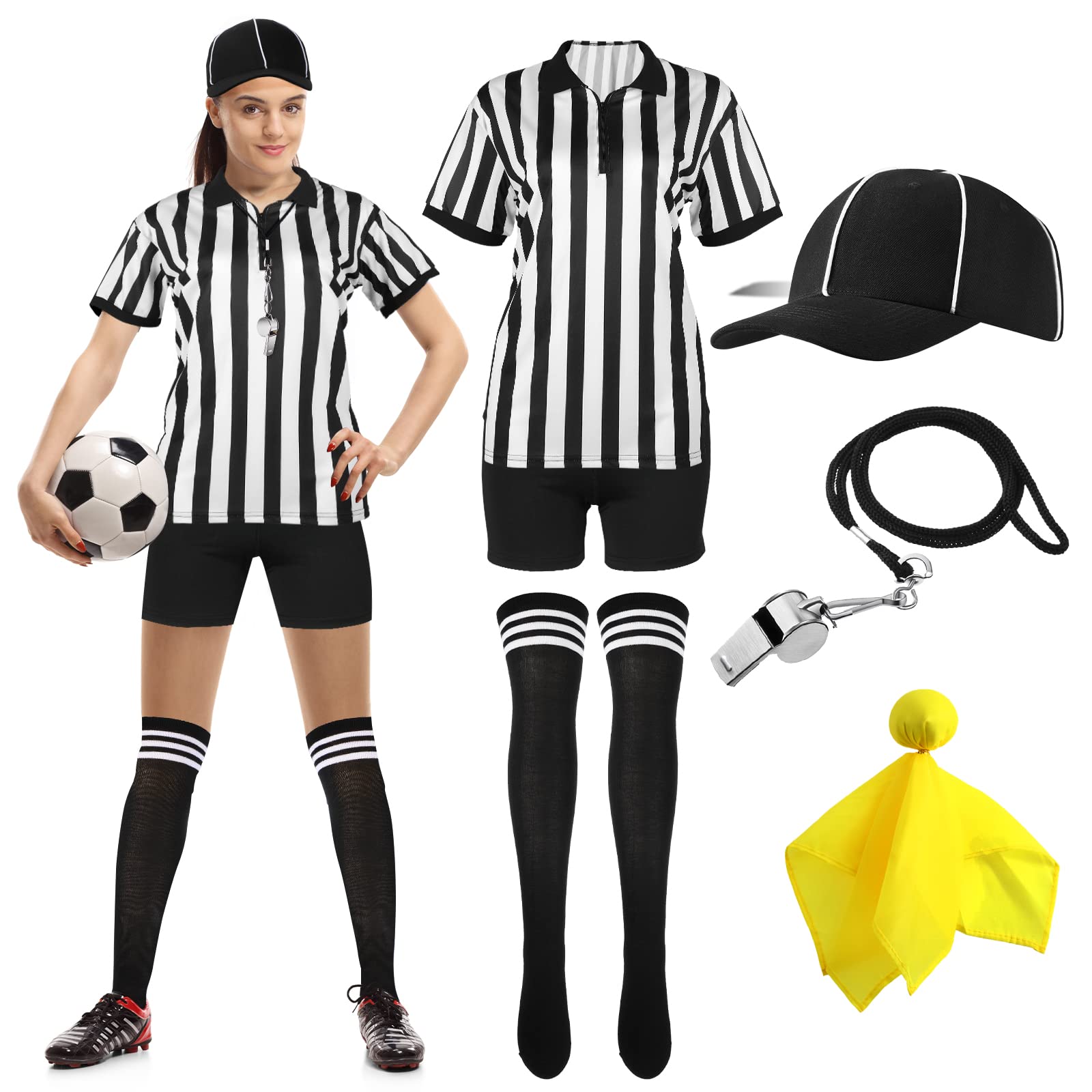 Women Referee Costume Black and White Stripe Ref Shirt Jersey Shorts Referee Hat for Carnival Party Halloween Cosplay Party (XX-Large)