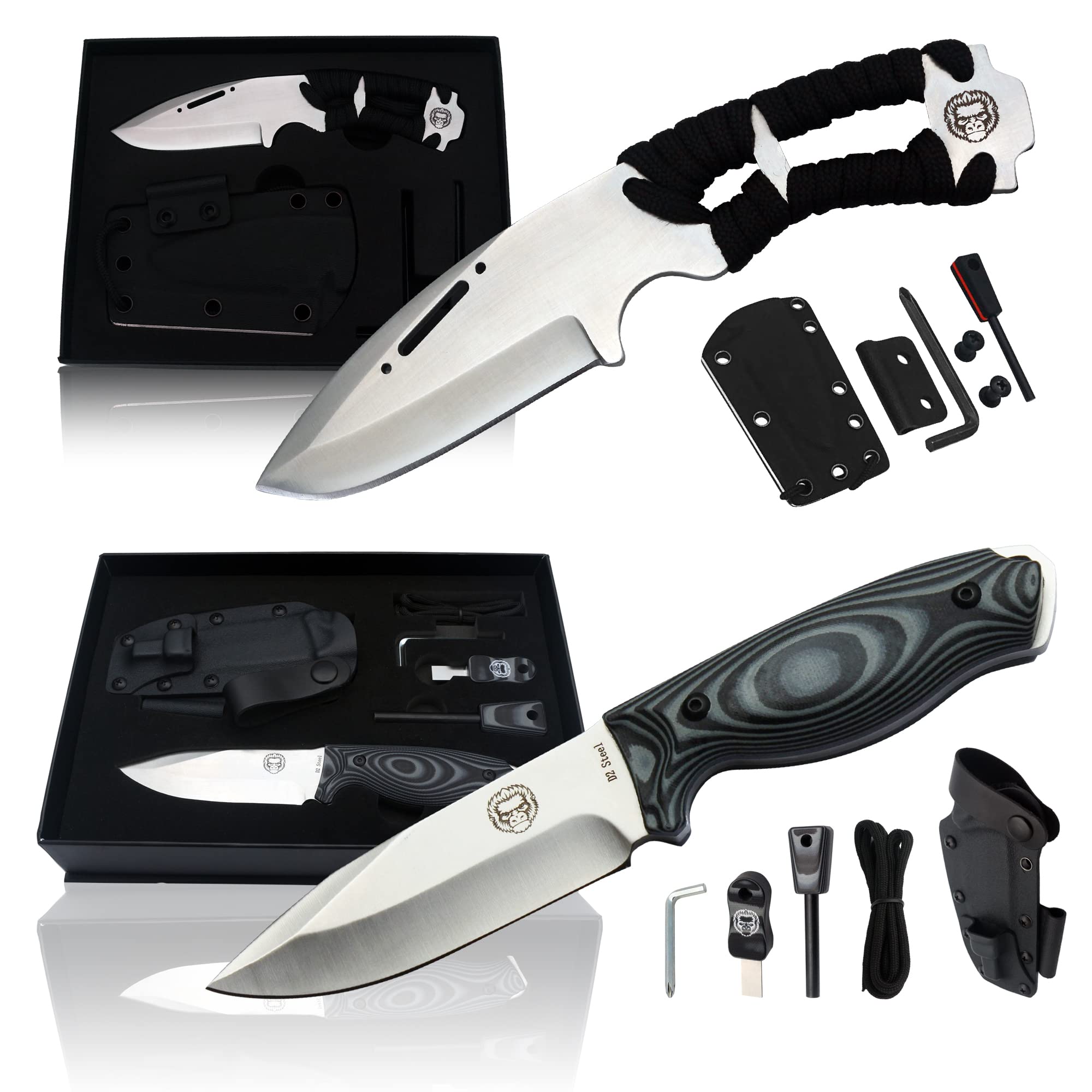 D2 Damascus Steel Survival Knife Gift Set and EDC D2 Paracord Neck Knife Bundle