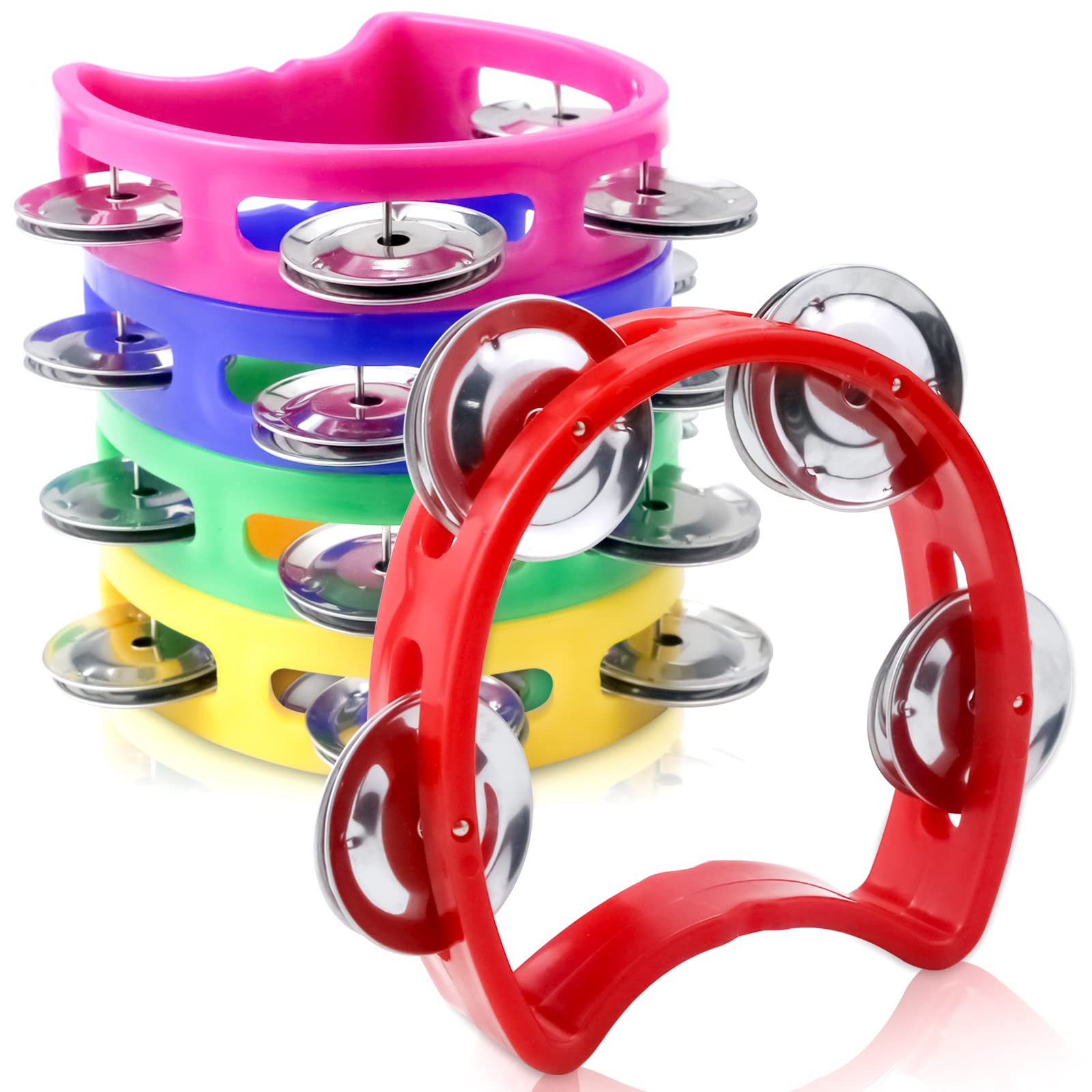 Vmiapxo 5 Pack Colored Plastic Tamborines Musical Instrument, Students Small Handheld Tambourine Percussion Bulk