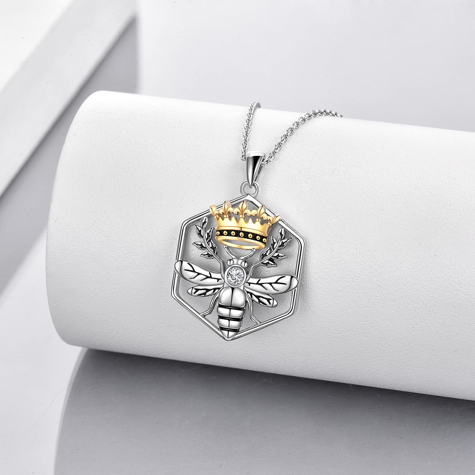 YAFEINI Bee Necklace Queen Bee Pendant Honeycomb 925 Sterling Silver Crown Jewelry Gifts for Women (Queen Bee Necklace)