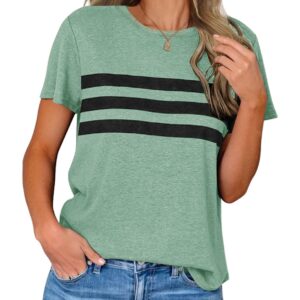 LEANI Women’s Short Sleeve T Shirts Crewneck Striped Color Block Tunic Tops Loose Casual Summer Tee Green L