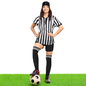 Women Referee Costume Black and White Stripe Ref Shirt Jersey Shorts Referee Hat for Carnival Party Halloween Cosplay Party (Small)