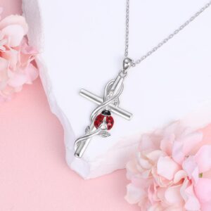 925-Sterling-Silver Cross Necklace for Women - Cute Red Ladybug Necklaces Religious Pendant Hypoallergenic Ladybug Jewelry Birthday Christmas Gift for Teen Daughter Mother (Ladybug Cross Necklace)