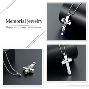 Forever in My Heart Birthstone Personalized Double Cross Urn Pendant Cremation Jewelry for Ashes Cross Ashes Keepsake (Silver-Blue)