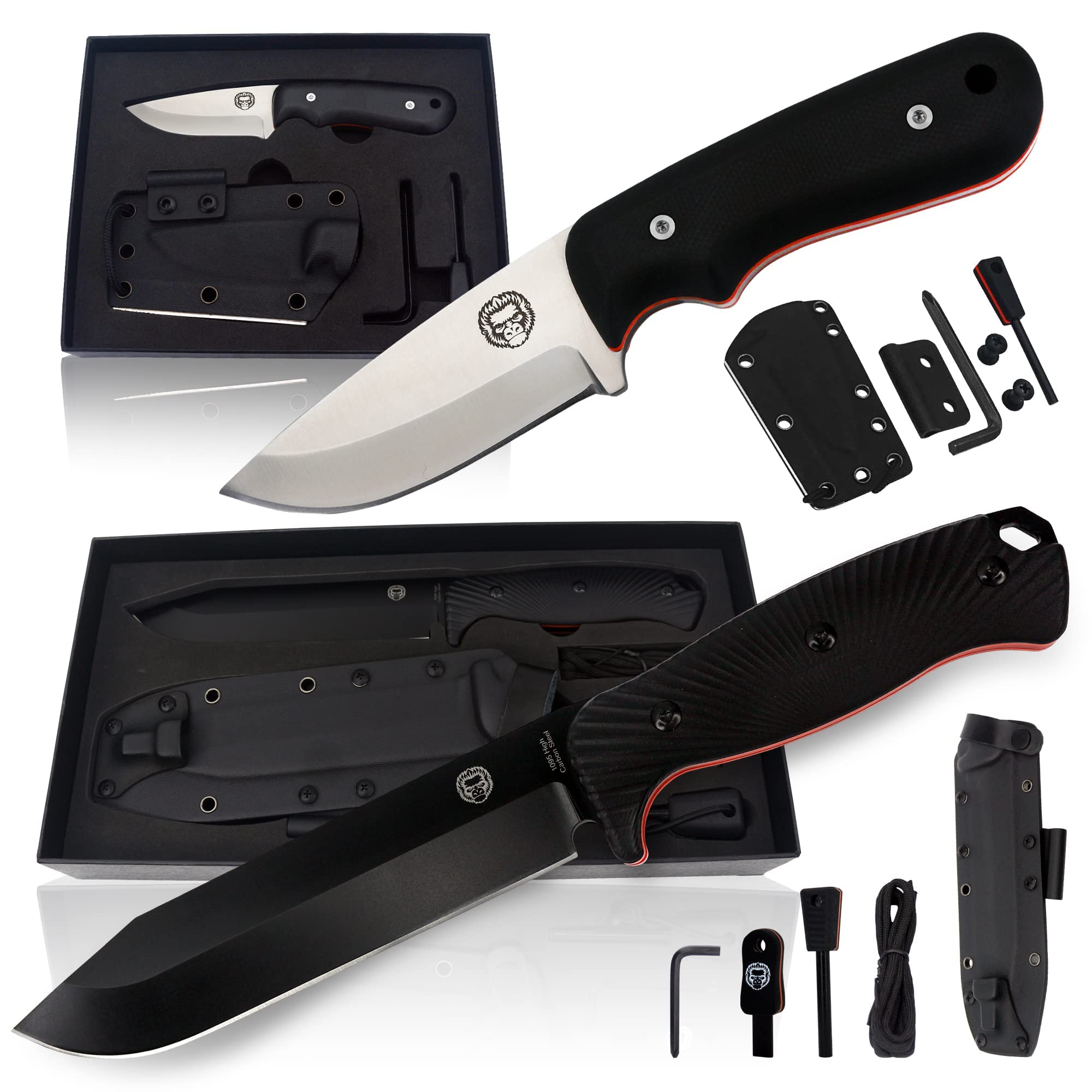 Full Tang Large Survival Knife Kit In Gift Box (Black & Orange) and EDC D2 Blade Neck Knife Bundle