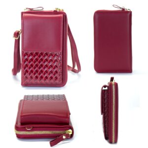 Small Crossbody Bag Phone Purse Handbag Card Zip Wallet Case Woven Leather Casual Daypack Satchel for Women(Glory Red)