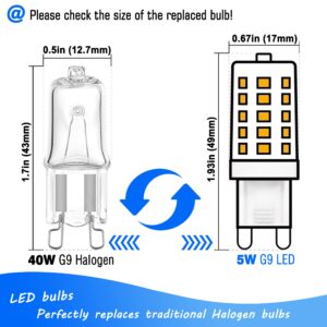 Heifymi G9 LED Bulb Dimmable 5W 2700K Soft Warm White, Replace G9 40 Watt Halogen Equivalent, AC120V G9 Bipin Base LED Bulbs for Chandelier Light, 0-100% Dimmable, No Flicker, 400LM(6pack)