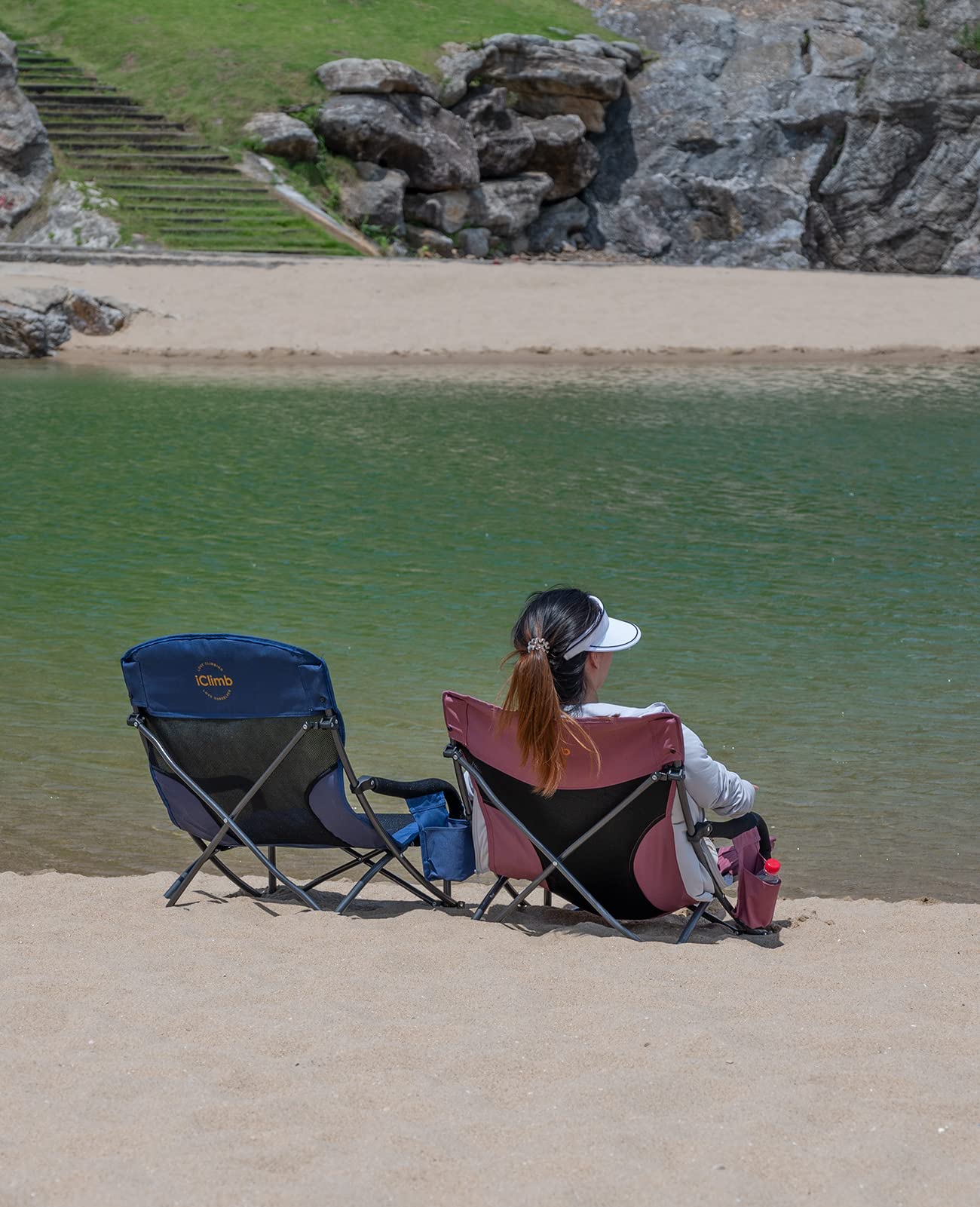 iClimb Low Wide Beach Camping Folding Chair with Side Pocket and Carry Bag (1, Dry Rose)