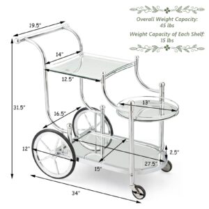 COSTWAY Glass Rolling Bar Cart, Rolling Serving Cart with 3-Tier Shelf, Directional Wheels & Universal Wheels, Mobile Wine Tea Serving Cart for Hotel, Club & Home