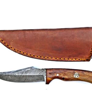 Titan International Knives Damascus Hunting and Skinner Knife | Handmade 1095 4340 Carbon Mix Hand Pounded | Rosewood Handle Fixed Blade Perfect for Hunting and Outdoor Camping with Leather Sheath