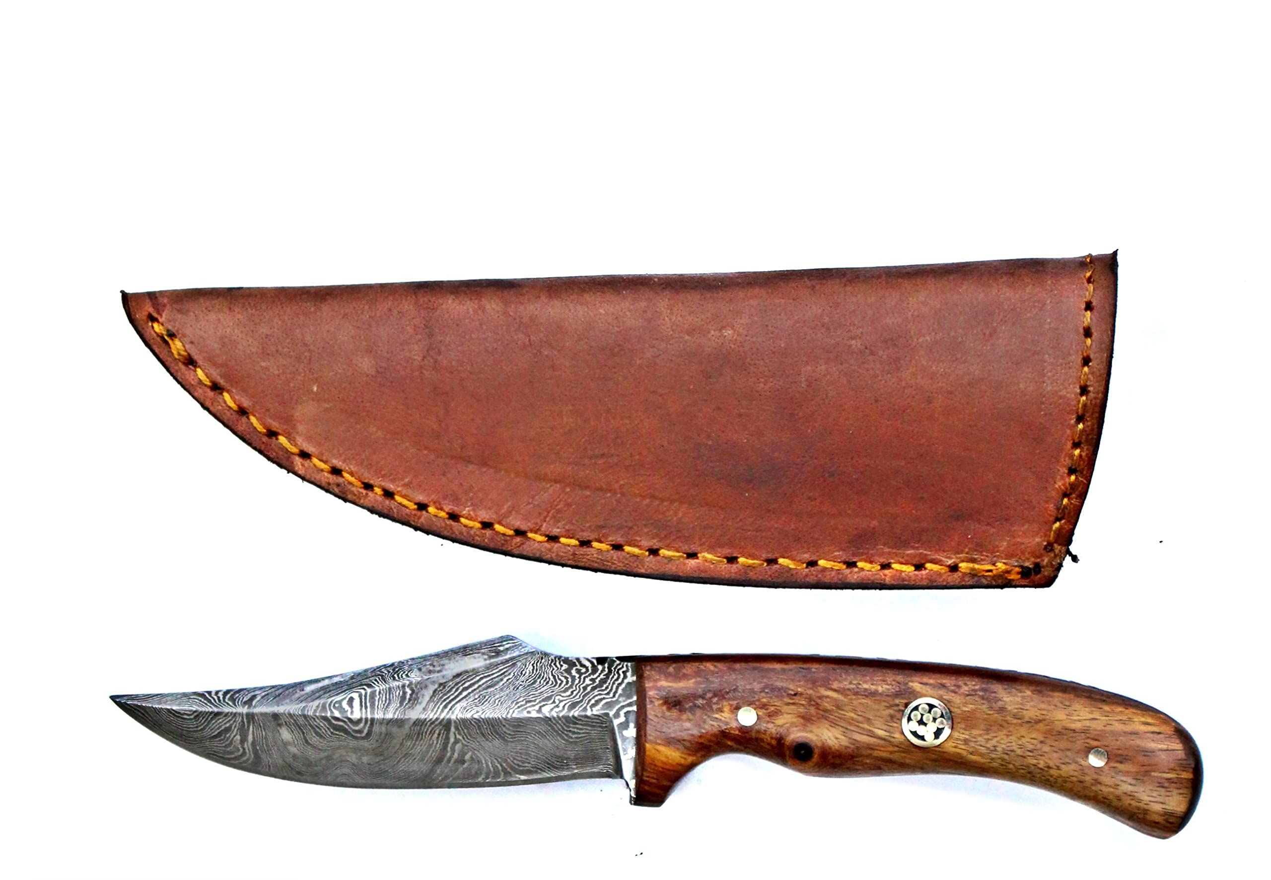 Titan International Knives Damascus Hunting and Skinner Knife | Handmade 1095 4340 Carbon Mix Hand Pounded | Rosewood Handle Fixed Blade Perfect for Hunting and Outdoor Camping with Leather Sheath