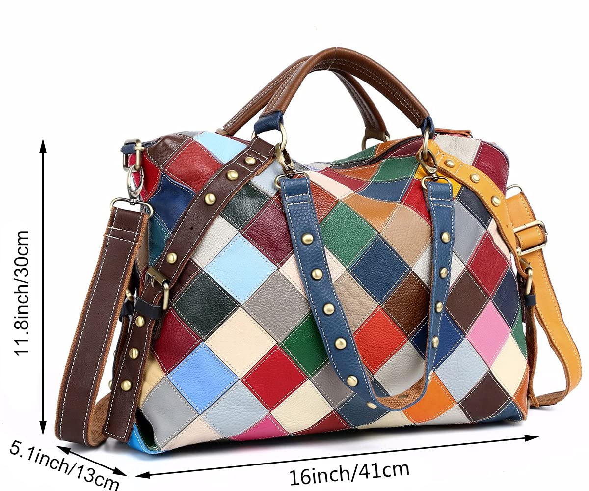 RainboSee Women Random Multicolor Handbag Genuine Leather Cube Splicing Shoulder Satchels