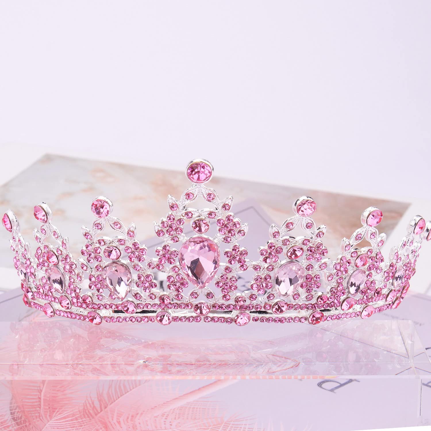 Didder Pink Crystal Tiaras for Women, Princess Crown with Comb Wedding Tiaras and Crowns for Women Tiaras for Girls Birthday Party Hair Accessories Bride Headband Bride for Prom Christmas