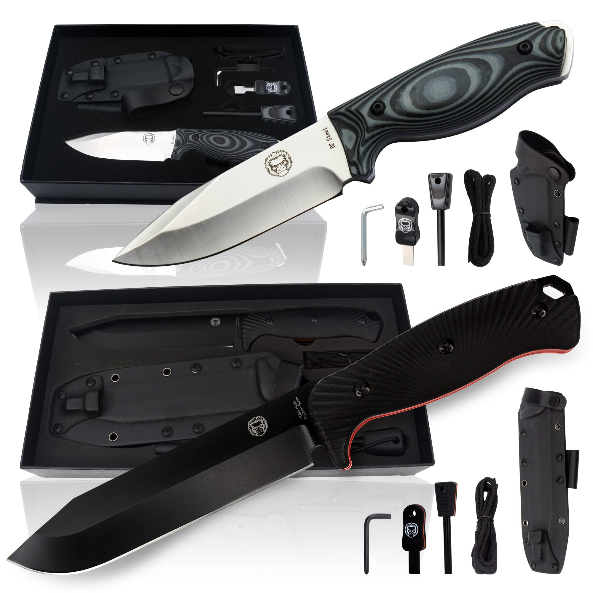 D2 Damascus Steel Survival Knife Gift Set and Large 1095 High Carbon Steel Hunting Knife Bundle