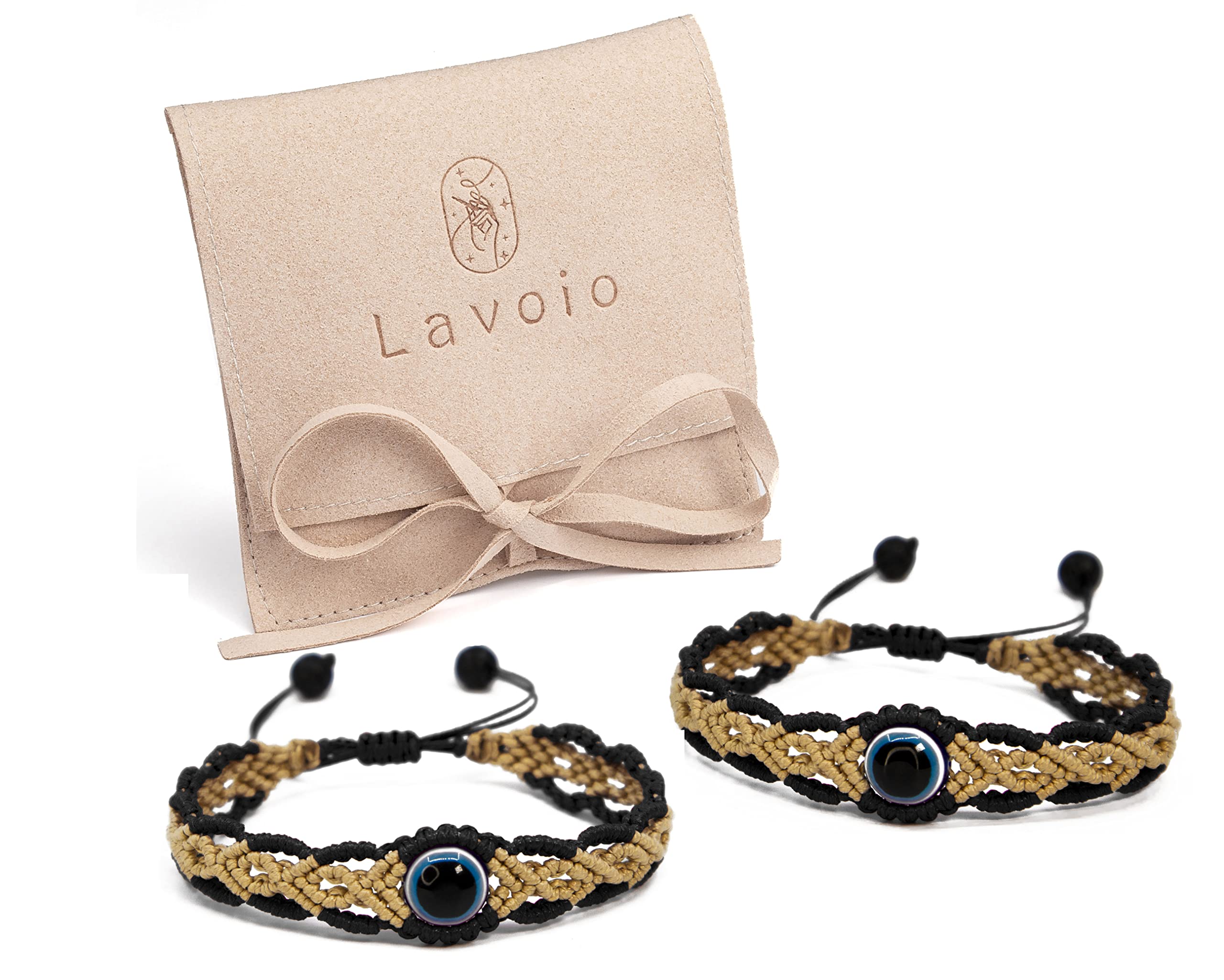 Lavoio Evil Eye Bracelets Black 2pcs 10mm Beaded Handmade Braided Bracelet Fashion Inspiration Men Women Couples Kids Gifts Idea