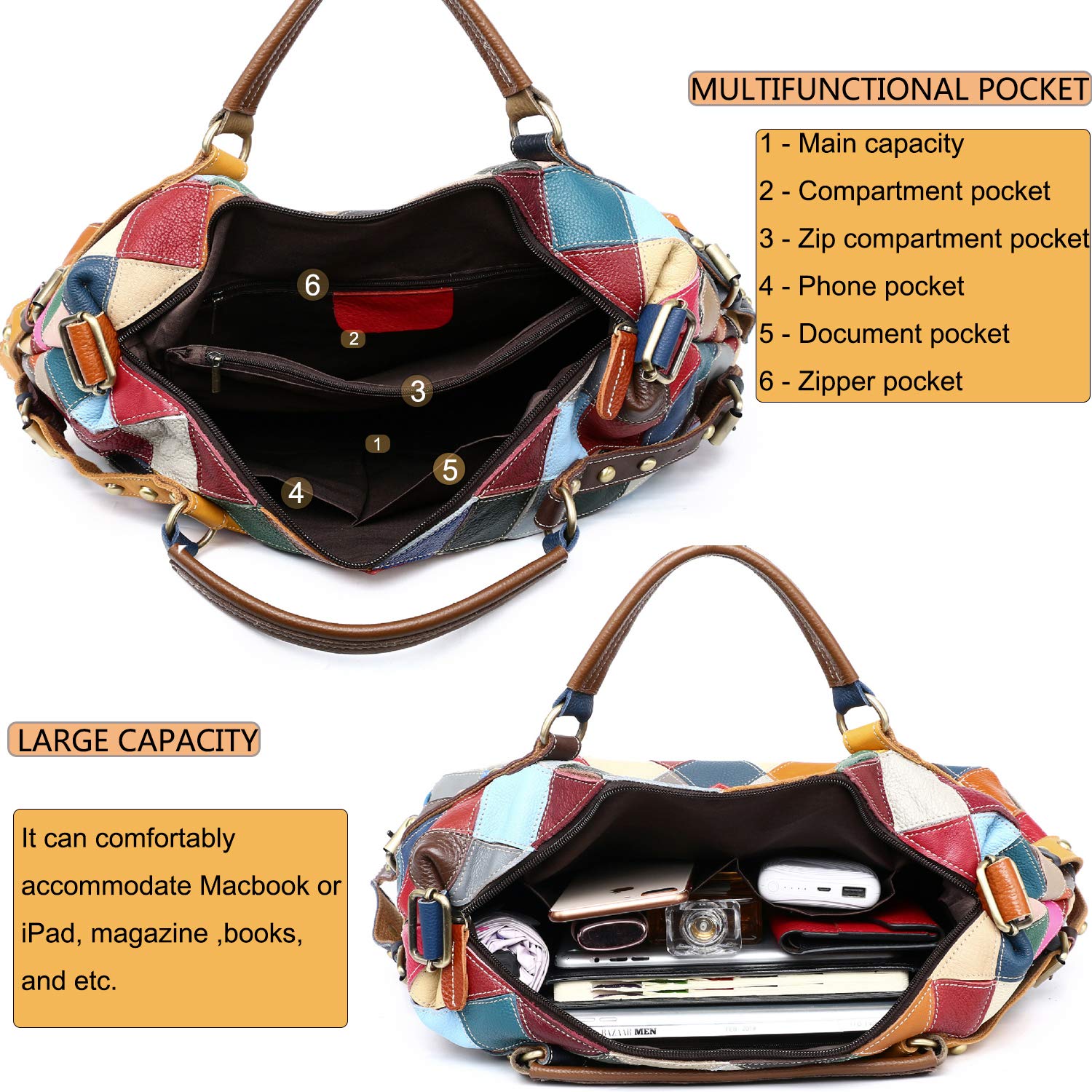 RainboSee Women Random Multicolor Handbag Genuine Leather Cube Splicing Shoulder Satchels