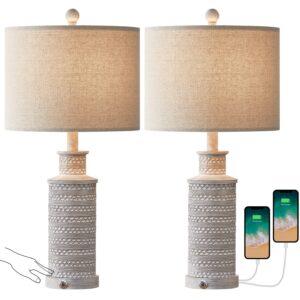 BOBOMOMO 3-Way Dimmable Touch Control Table Lamp Set of 2 with Dual USB Charging Ports for Bedroom Living Room Vintage Rustic Farmhouse Traditional Nightstand Bedside Lamps(Bulbs Included)