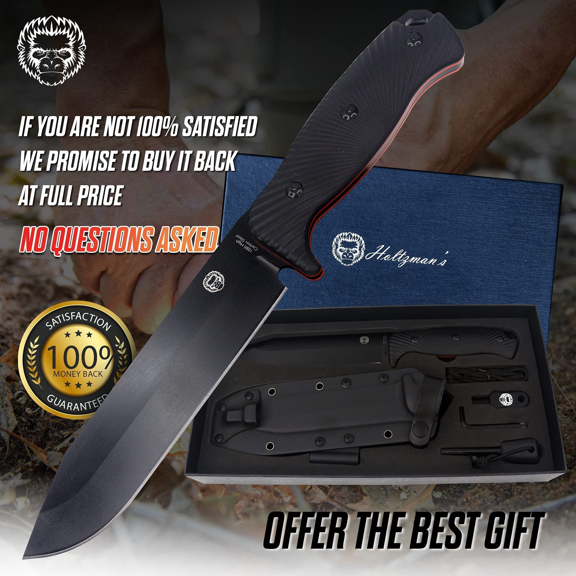 D2 Damascus Steel Survival Knife Gift Set and Large 1095 High Carbon Steel Hunting Knife Bundle