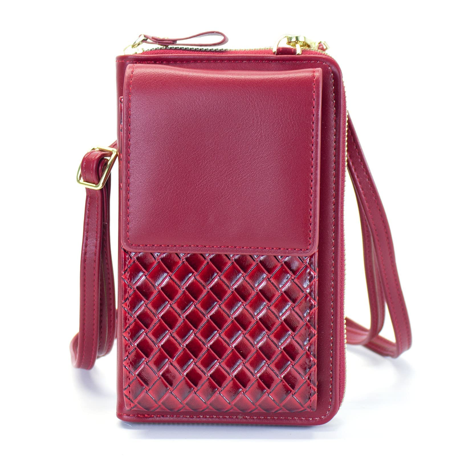 Small Crossbody Bag Phone Purse Handbag Card Zip Wallet Case Woven Leather Casual Daypack Satchel for Women(Glory Red)