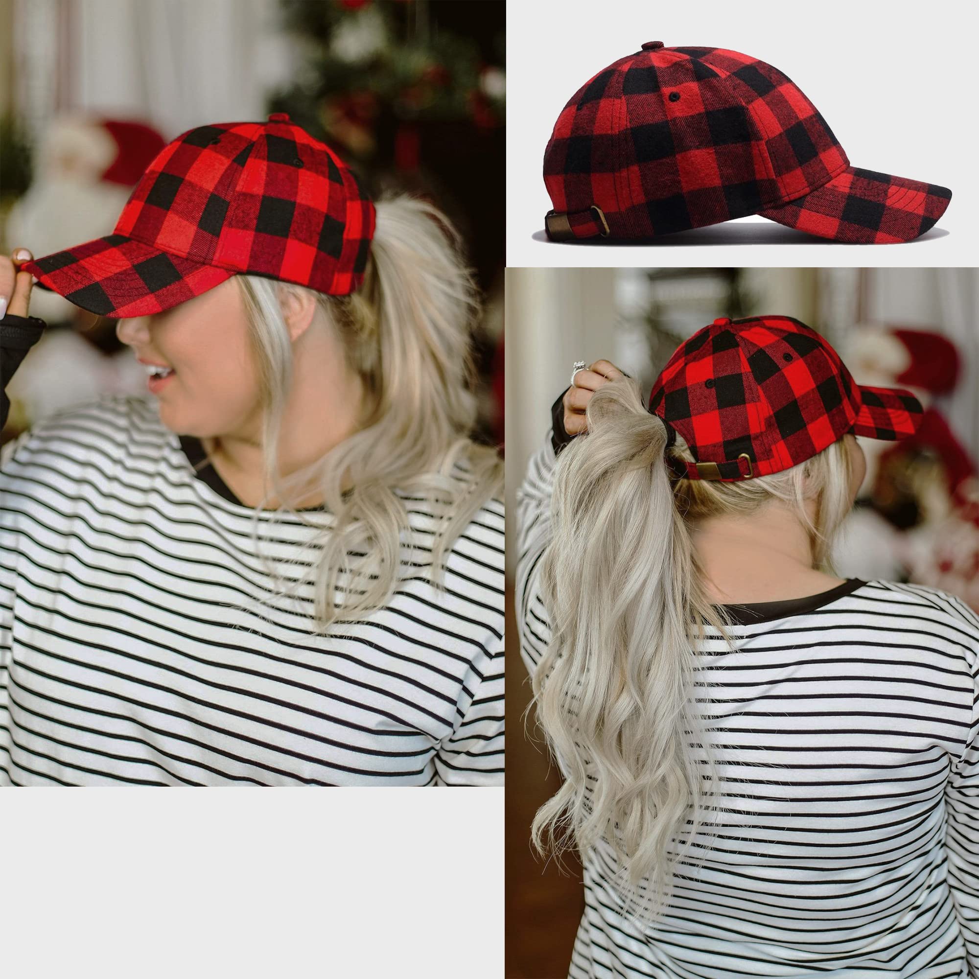 Unisex Buffalo-Plaid Baseball-Hat Red-Black-Check Ball-Cap for Women Men (Medium, Red-Black Plaid)