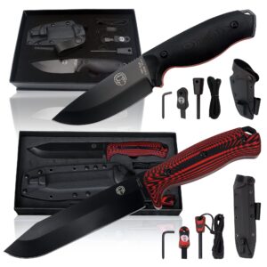 1095 high carbon survival steel knife gift set and large d2 damascus steel hunting knife (red & black) bundle