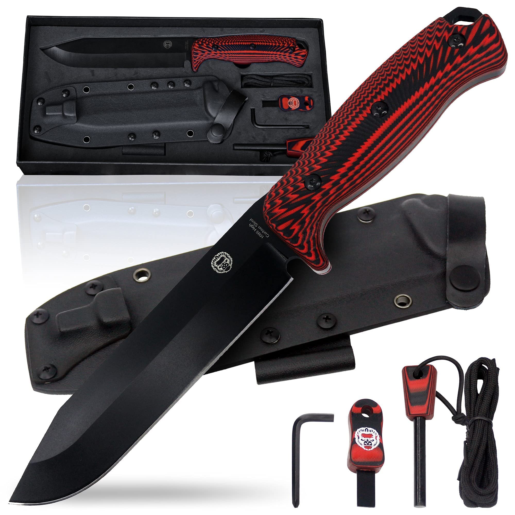 D2 Damascus Steel Survival Knife Gift Set and Large 1095 High Carbon Steel Hunting Knife (Red & Black) Bundle