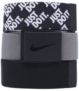 nike golf men's 3-in-1 web one-size-fits-most belts, black/gray/just do it