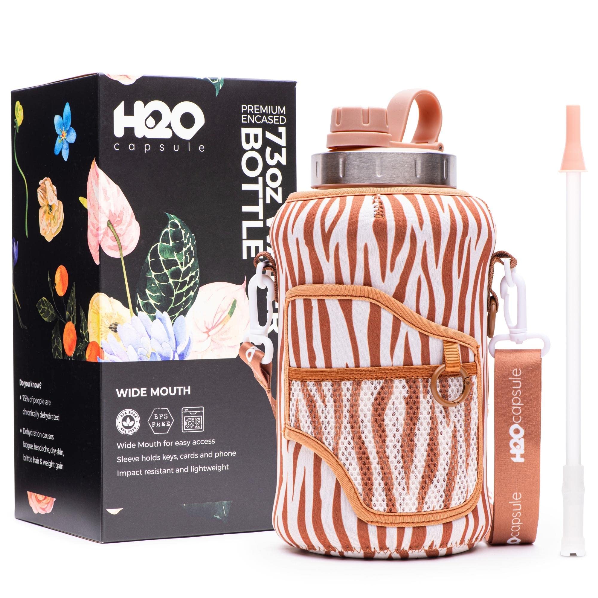 H2O Capsule 2.2L Half Gallon Wide Mouth Water Bottle with Storage Sleeve and Removable Straw - Hydration Tracker Jug with Measurements Marked – Shatterproof BPA-Free, (Libra Zebra)