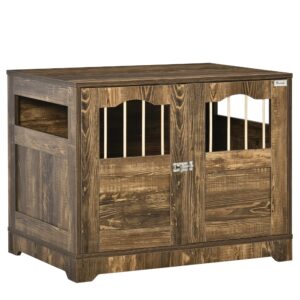 pawhut wooden dog crate, end table furniture with lockable door, small & medium size pet crate indoor puppy cage, brown