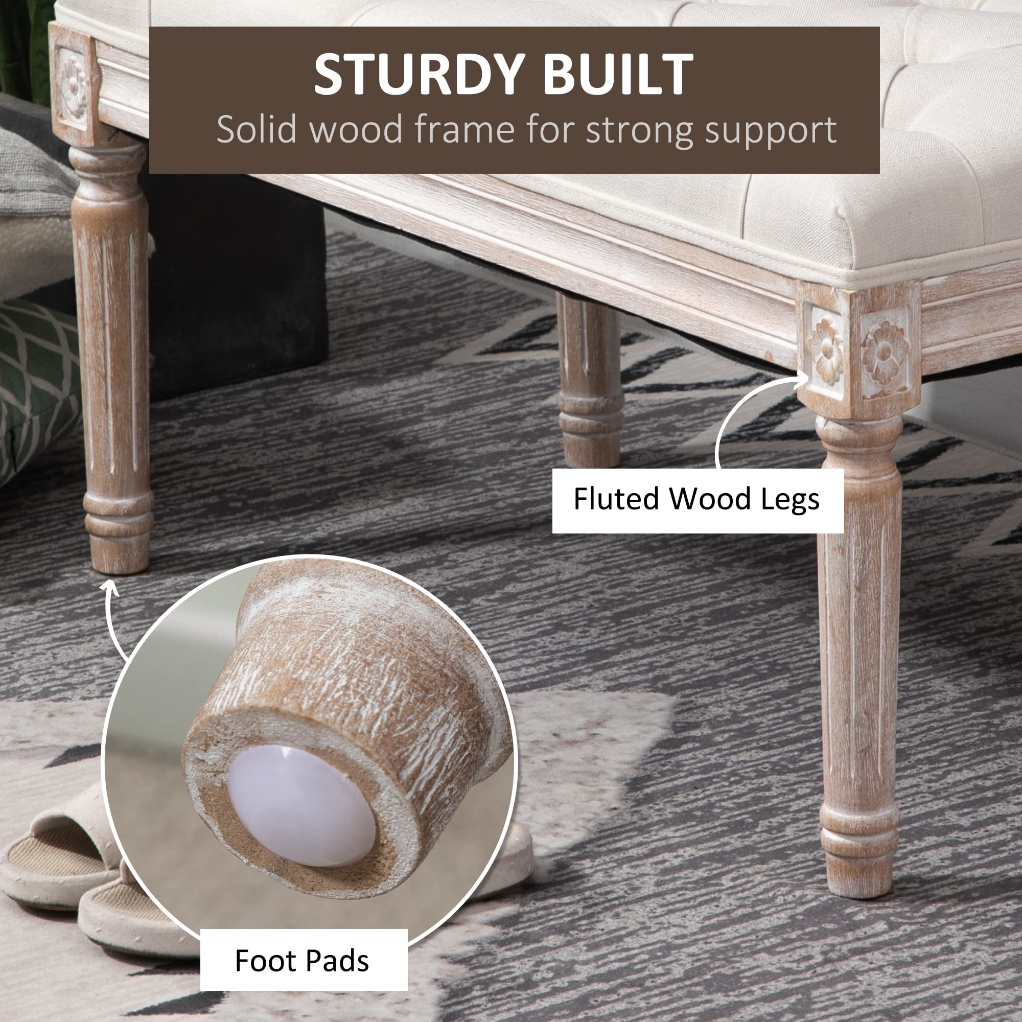 HOMCOM 32" Vintage Ottoman, Tufted Foot Stool with Upholstered Seat, Rustic Wood Legs for Bedroom, Living Room, Beige