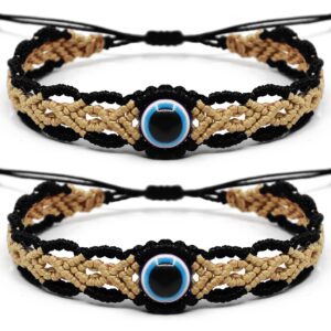 Lavoio Evil Eye Bracelets Black 2pcs 10mm Beaded Handmade Braided Bracelet Fashion Inspiration Men Women Couples Kids Gifts Idea