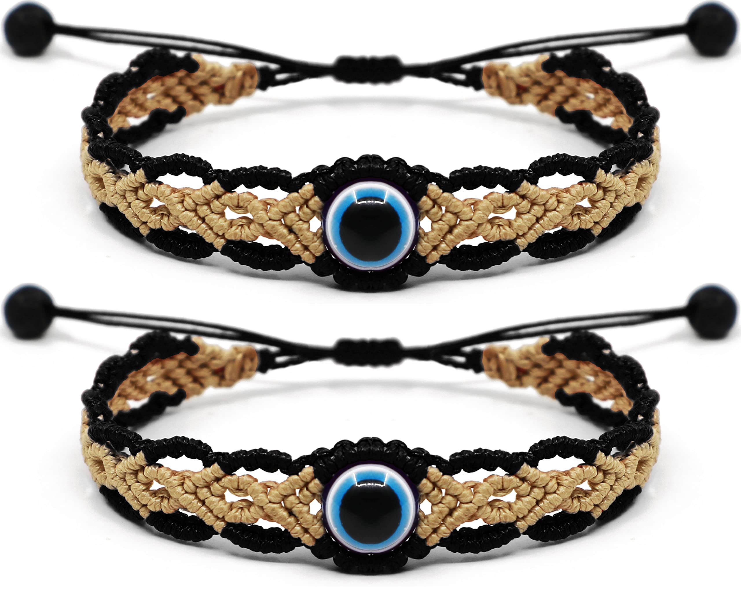 Lavoio Evil Eye Bracelets Black 2pcs 10mm Beaded Handmade Braided Bracelet Fashion Inspiration Men Women Couples Kids Gifts Idea