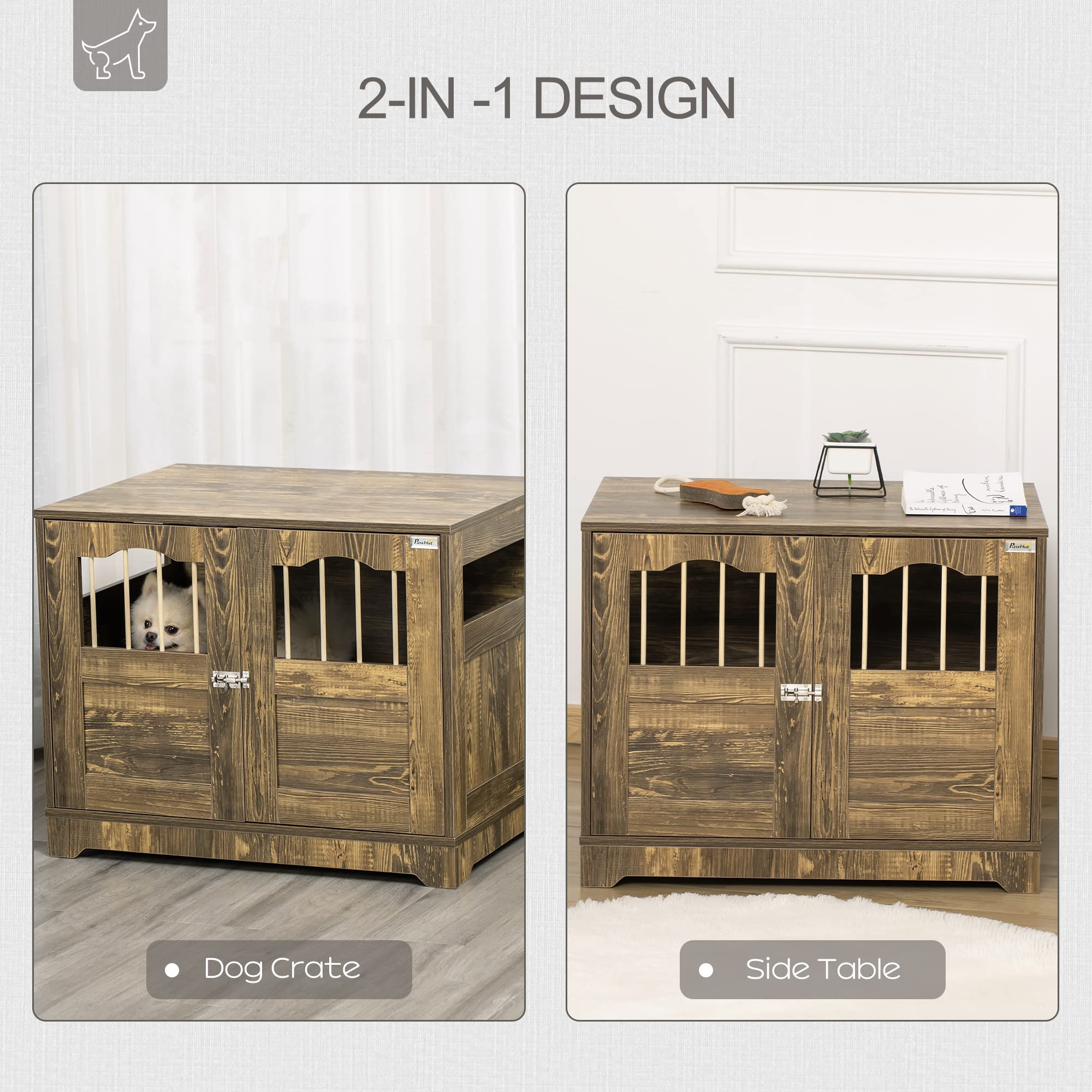 PawHut Wooden Dog Crate, End Table Furniture with Lockable Door, Small & Medium Size Pet Crate Indoor Puppy Cage, Brown