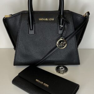 Michael Kors MICHAEL Michael Kors Avril Small Logo Top-Zip Satchel bundled with Trifold Wallet Purse Hook (Black)