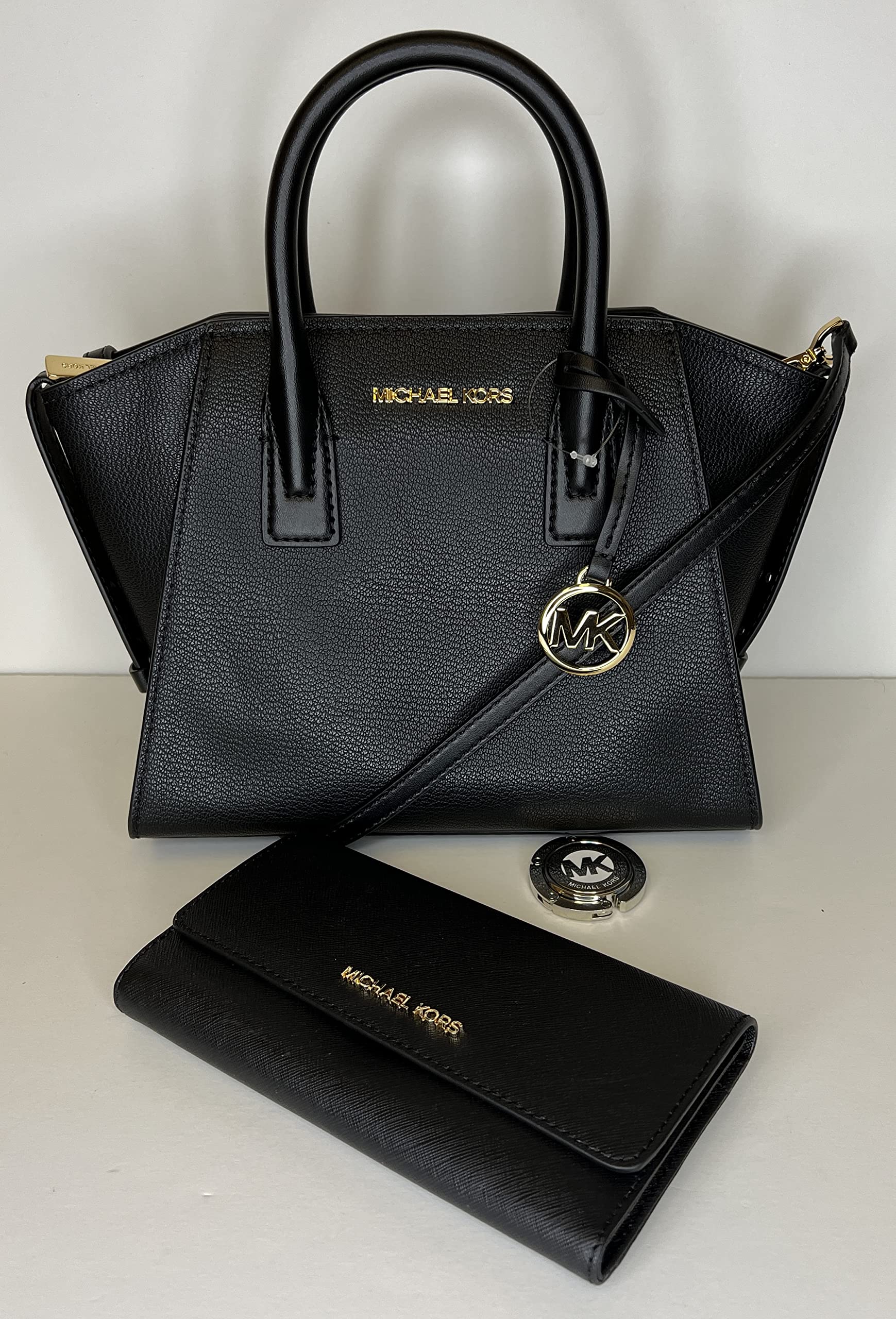 Michael Kors MICHAEL Michael Kors Avril Small Logo Top-Zip Satchel bundled with Trifold Wallet Purse Hook (Black)